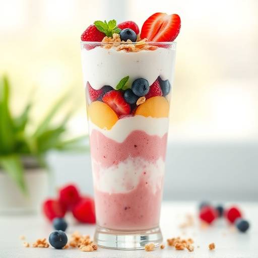 A colorful smoothie with layers of fruits and yogurt, topped with granola and chia seeds, served in a tall glass.