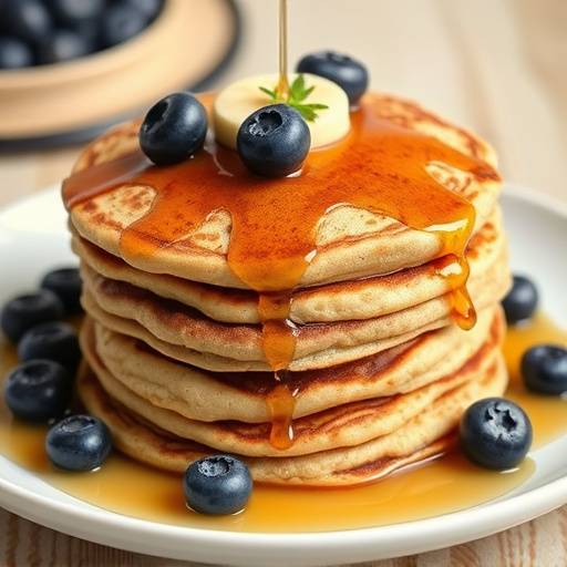A stack of fluffy whole wheat pancakes topped with fresh blueberries and a drizzle of maple syrup.