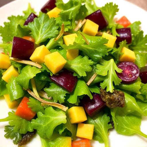 A vibrant and colorful salad with mixed greens, tomatoes, cucumbers, and a light vinaigrette dressing, showcasing healthy eating.