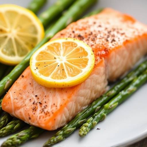 Close-up of a baked salmon fillet with lemon slices and dill sprigs, served on a plate with asparagus.
